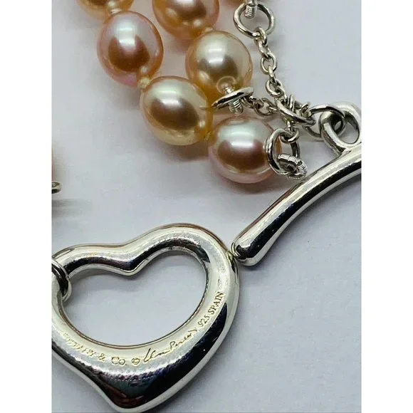 Tiffany & co. Elsa Peretti 3 Row Pink Pearl Heart Silver 925 Bracelet 7.5